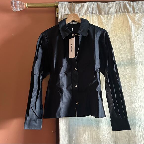 Thakoon Fitted Puff Sleeve Shirt Jacket Navy Blue Collar Full Zip NWT Size 6 - Picture 3 of 8
